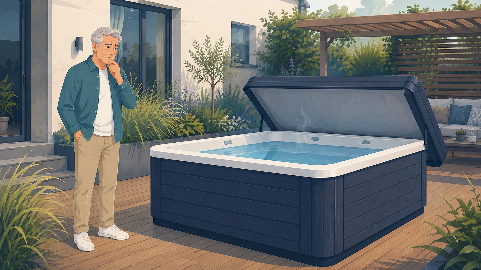 Editorial cartoon of an older homeowner noticing an unusual smell from an open hot tub on a UK garden deck