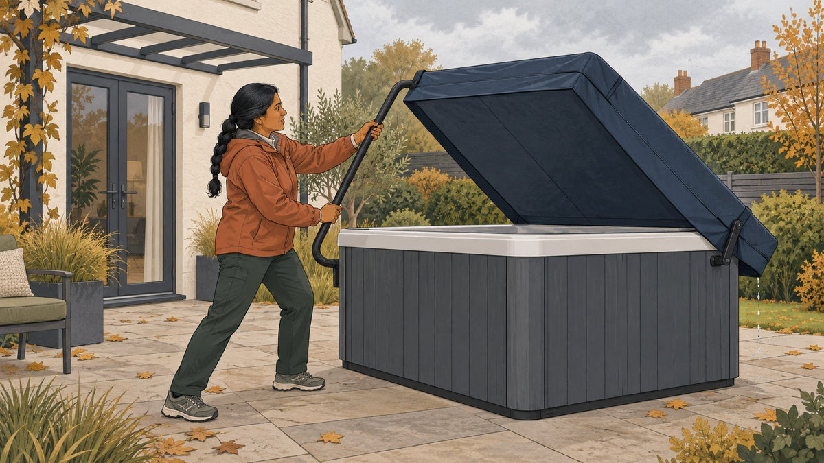 Homeowner carefully lifting a heavy hot tub cover in a British garden