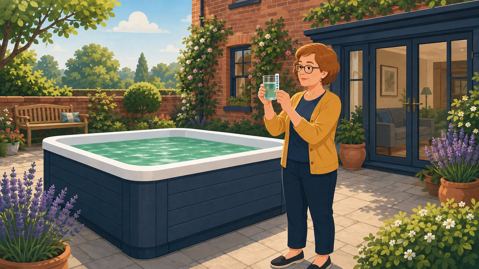 Editorial cartoon of a woman checking a glass of green-tinted hot tub water in a UK courtyard