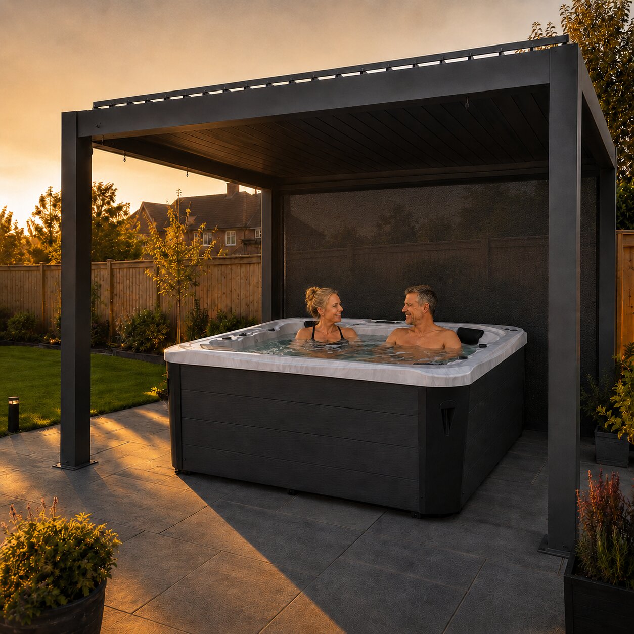 Hot tub under a pergola