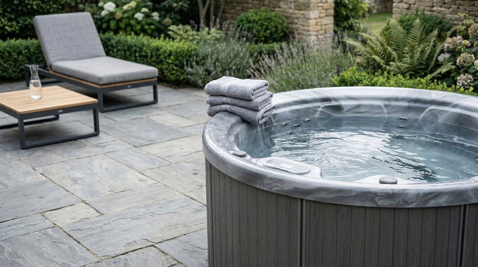 Round hot tub on a patio in a garden
