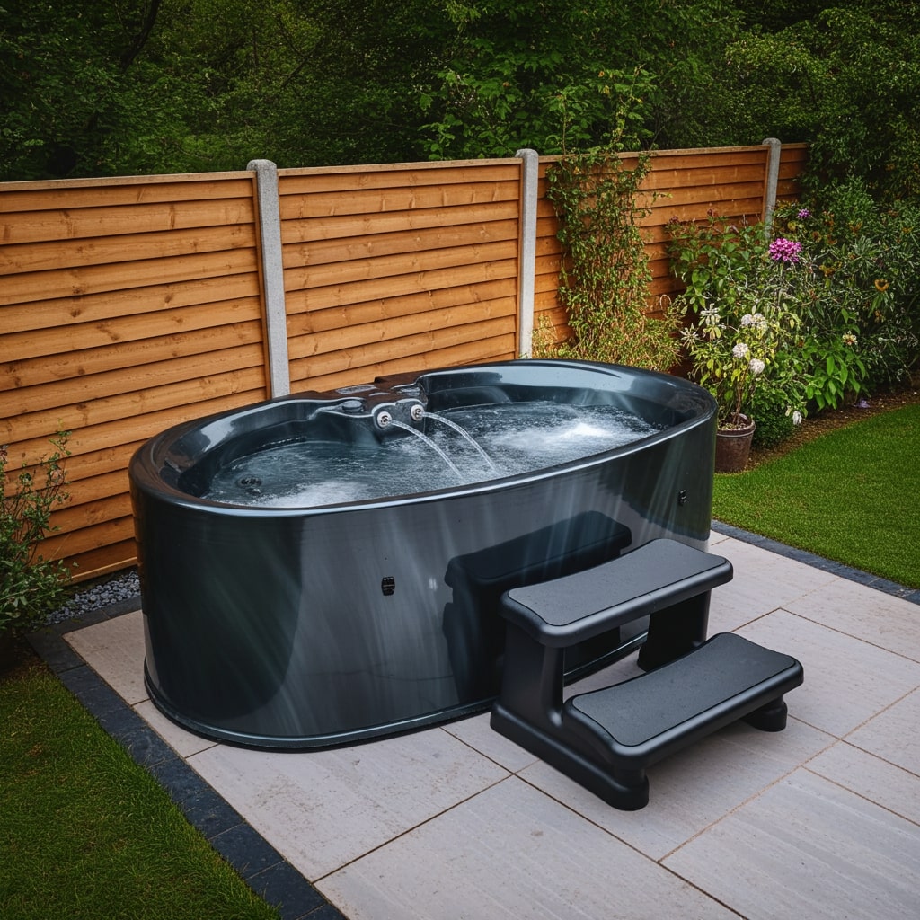 Black hot tub with steps in a garden setting