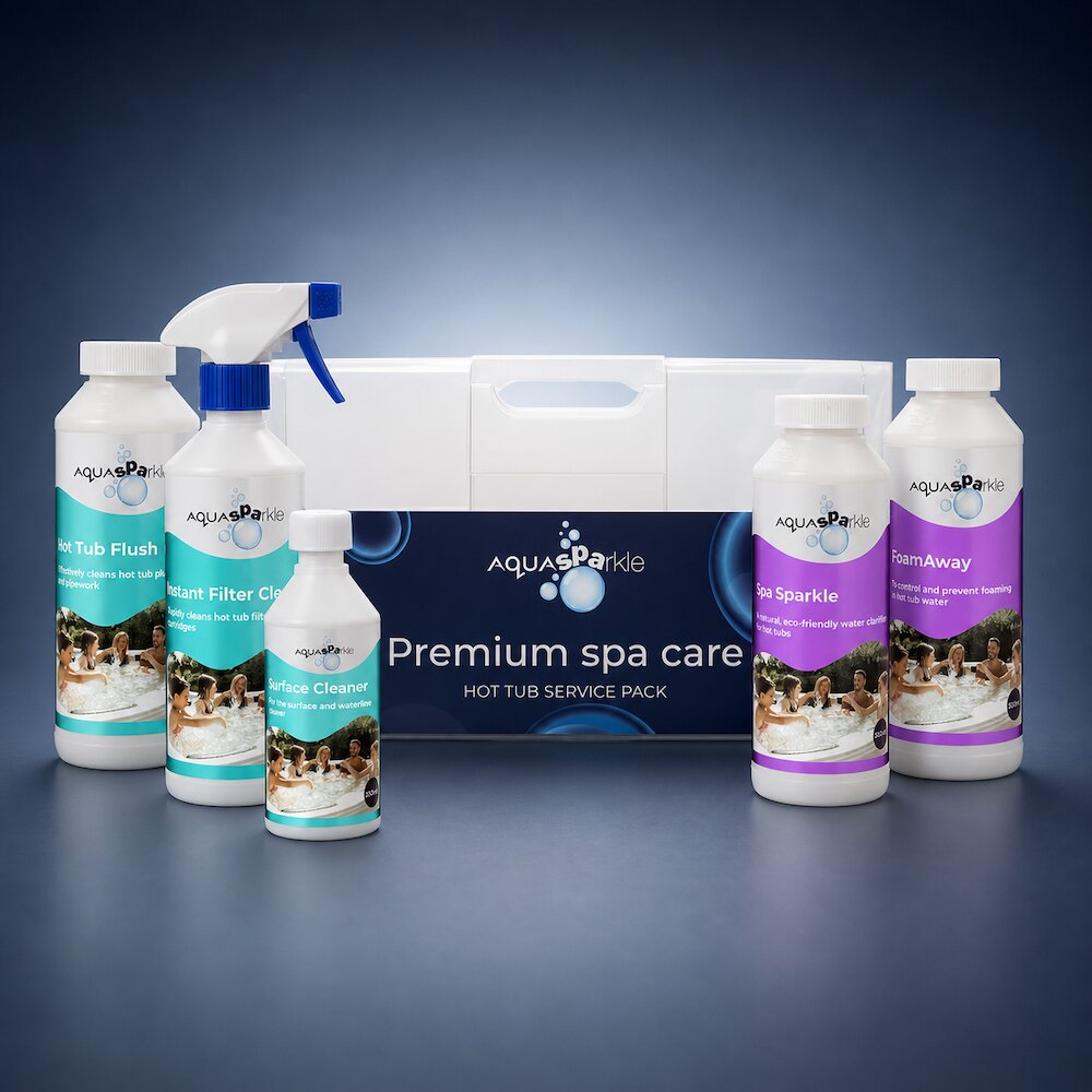Collection of hot tub care products on a dark background