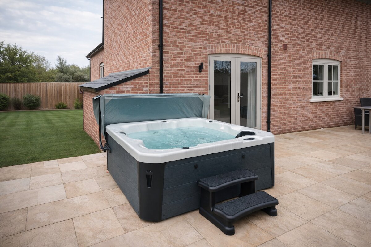 Azure hot tub on a patio in a garden