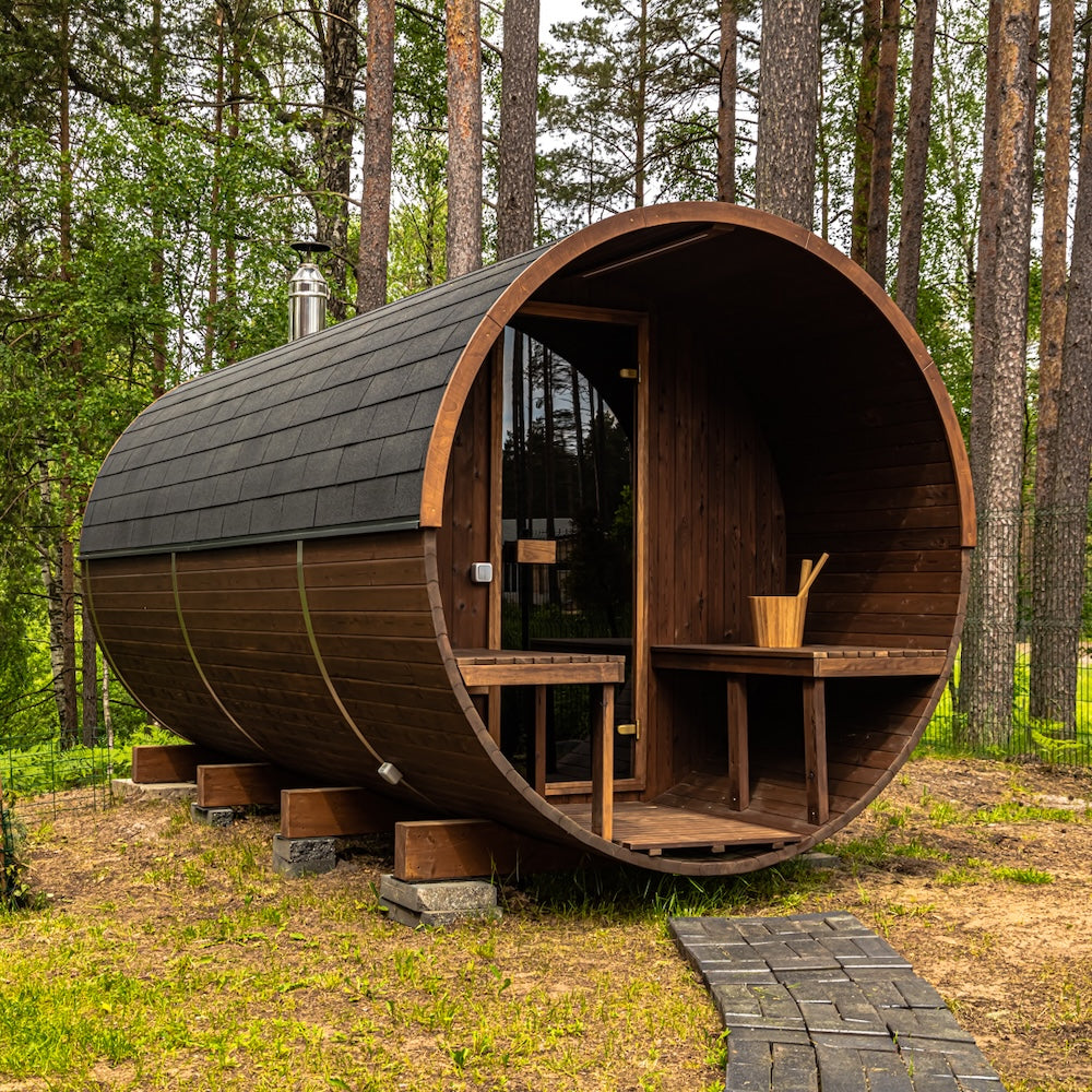 Barrel 250 outdoor sauna in a garden