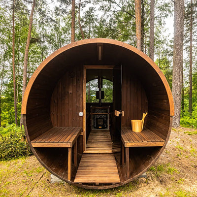 Barrel 250 outdoor sauna in a garden