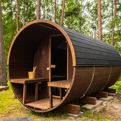Barrel 250 outdoor sauna in a garden