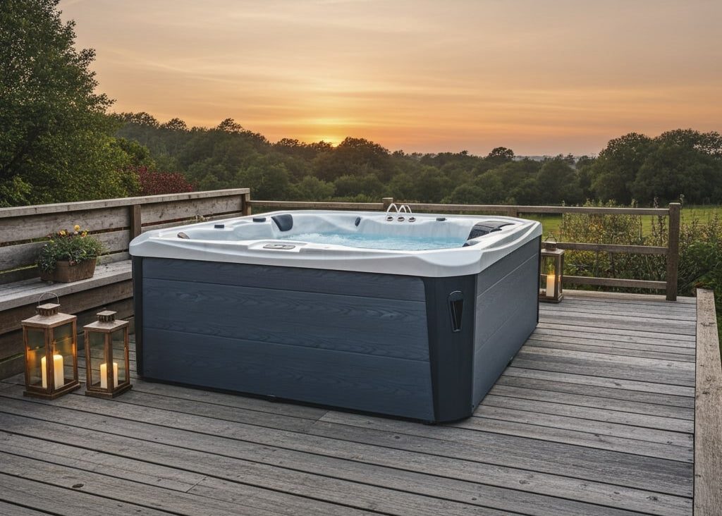 Hot tub on a wooden deck with a scenic sunset view
