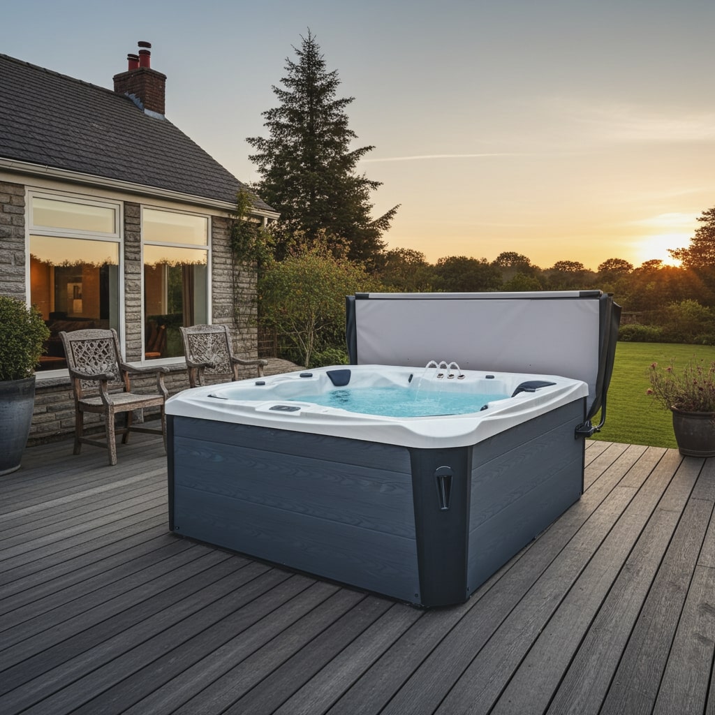 Hot tub on a wooden deck with a sunset in the background