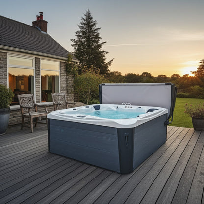 Hot tub on a wooden deck with a sunset in the background