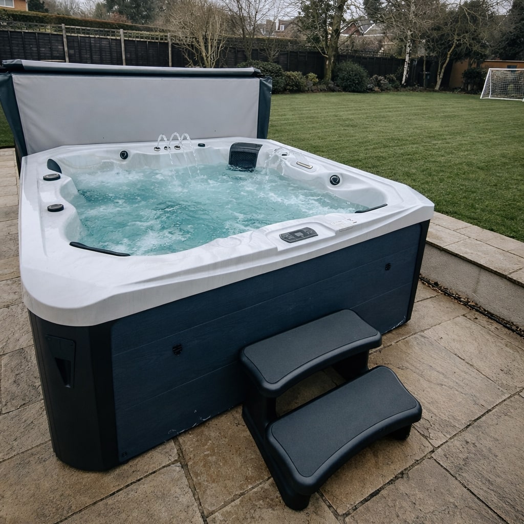 Hot tub on a patio with grass and trees in the background