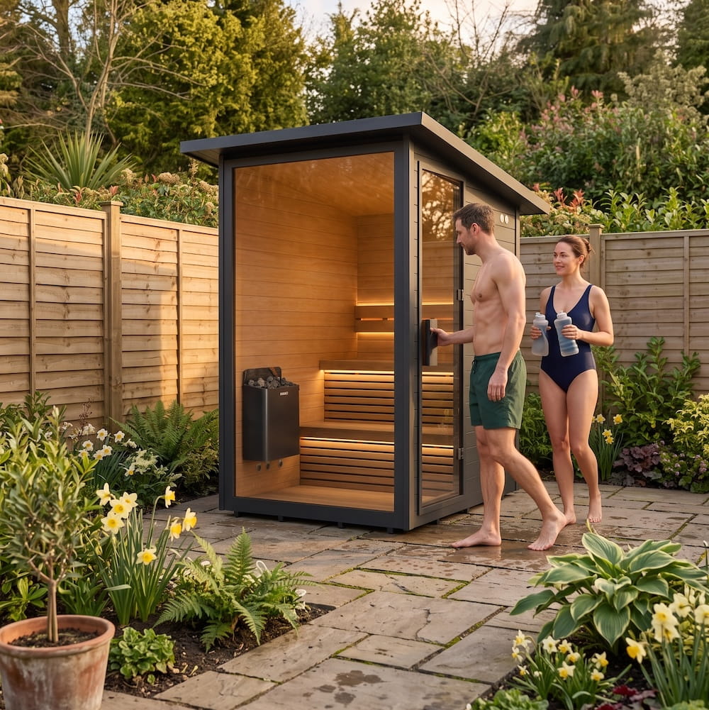 A modern outdoor sauna cabin with wood interior and dark frame, shown in a landscaped garden with two people standing beside it.