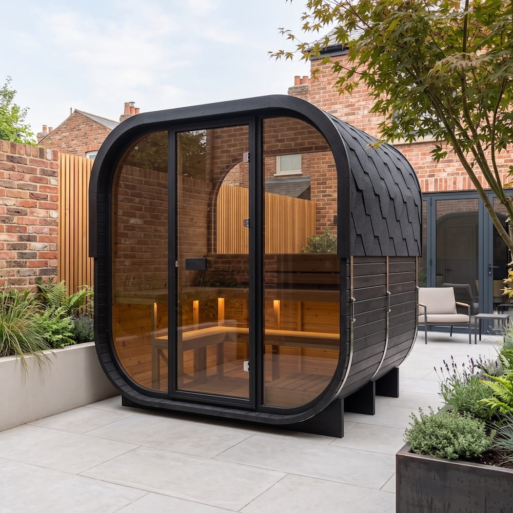A modern outdoor sauna cabin with a black frame and curved roof, large glass front doors, and warm wood interiors, shown on a paved patio in a brick garden setting.