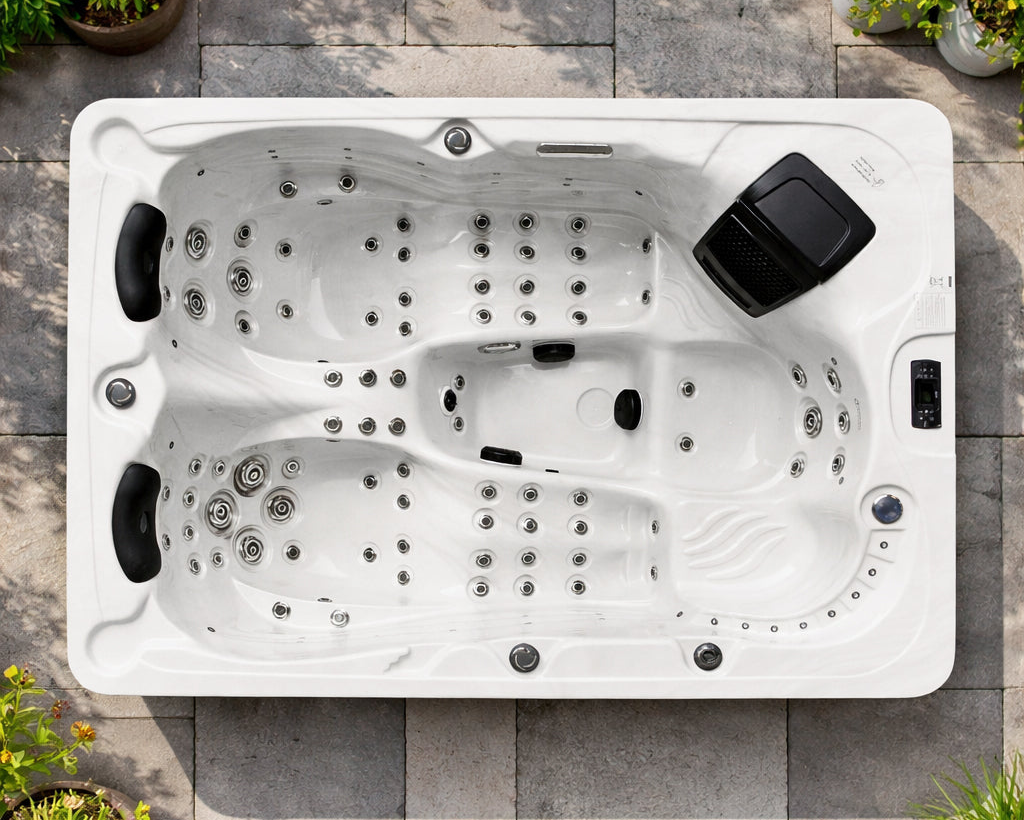 Top-down view of a white hot tub on a wooden deck
