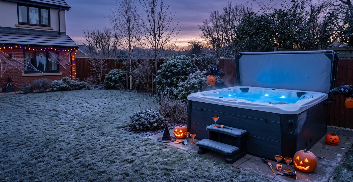 Garden hot tub on a patio decorated for Halloween