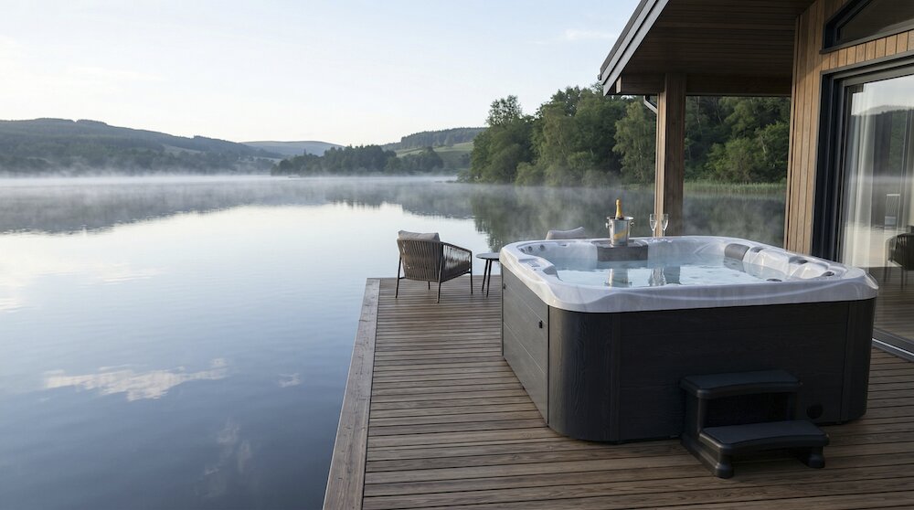 Hot tub on decking by a lake