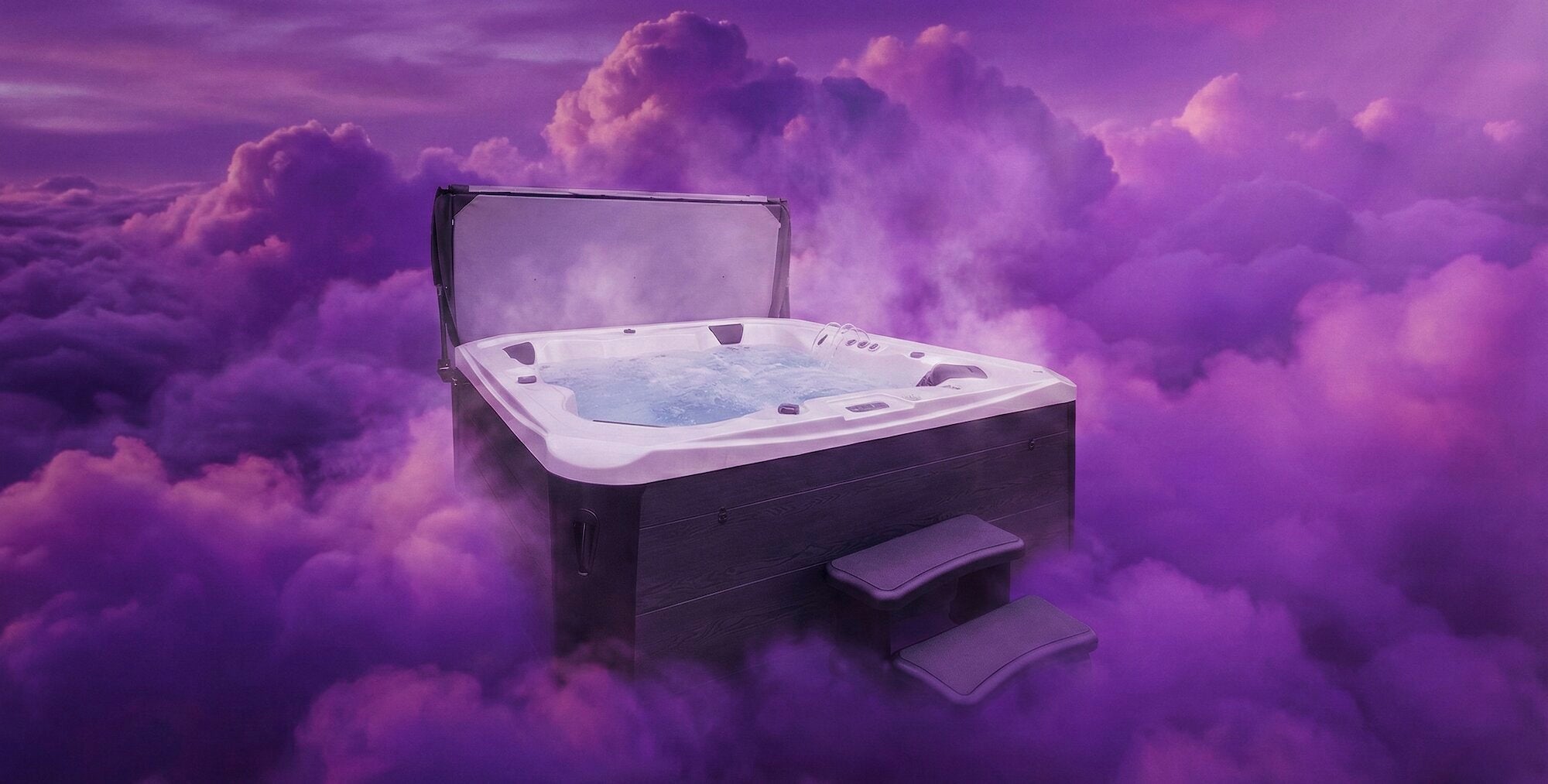Hot tub floating in the clouds with a purple and pink sky