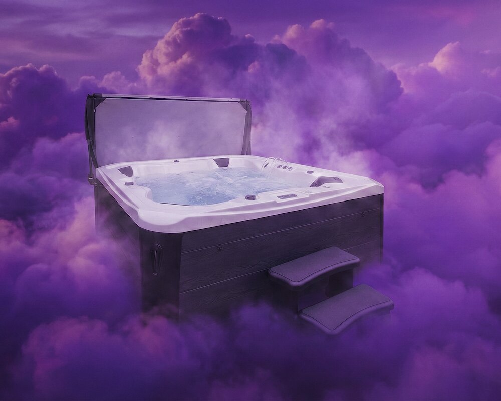 Hot tub in a cloud-filled sky with a purple hue
