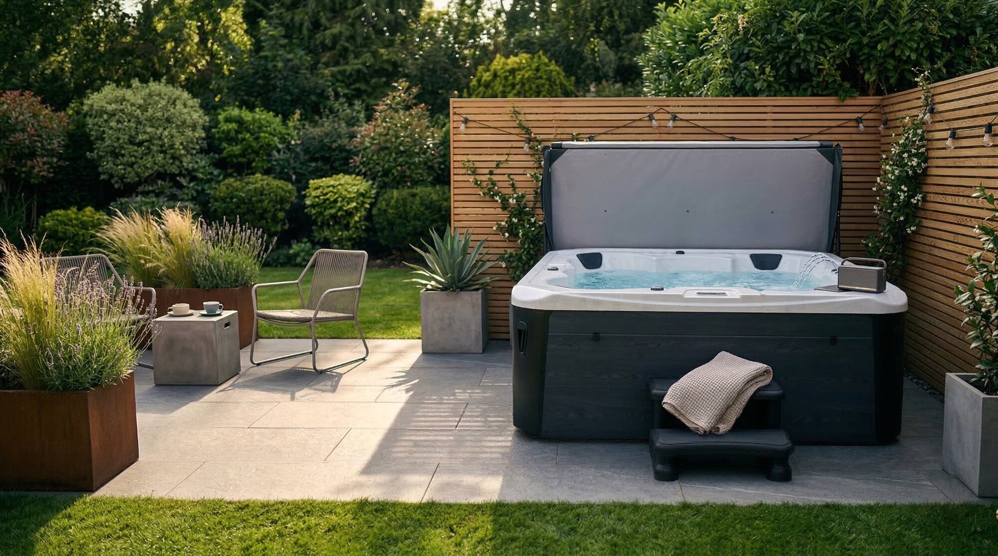 Premium hot tub on a patio in a luxury garden