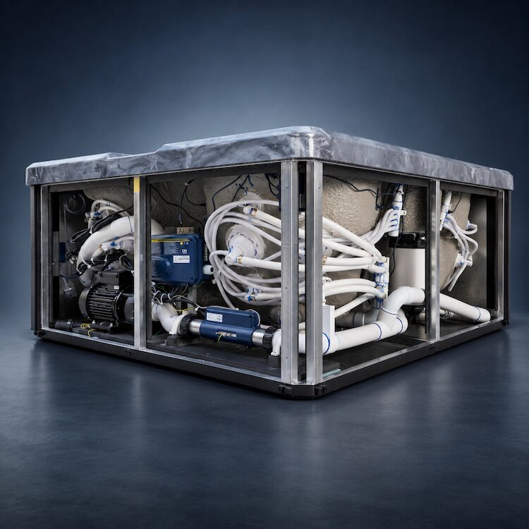 Hot tub internals with sides removed 