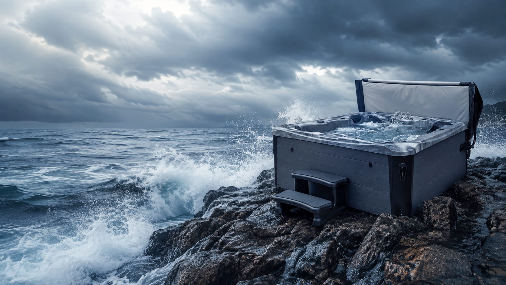 Hot tub on rocks with ocean crashing around it