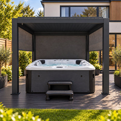 Hot tub under a pergola with side blinds