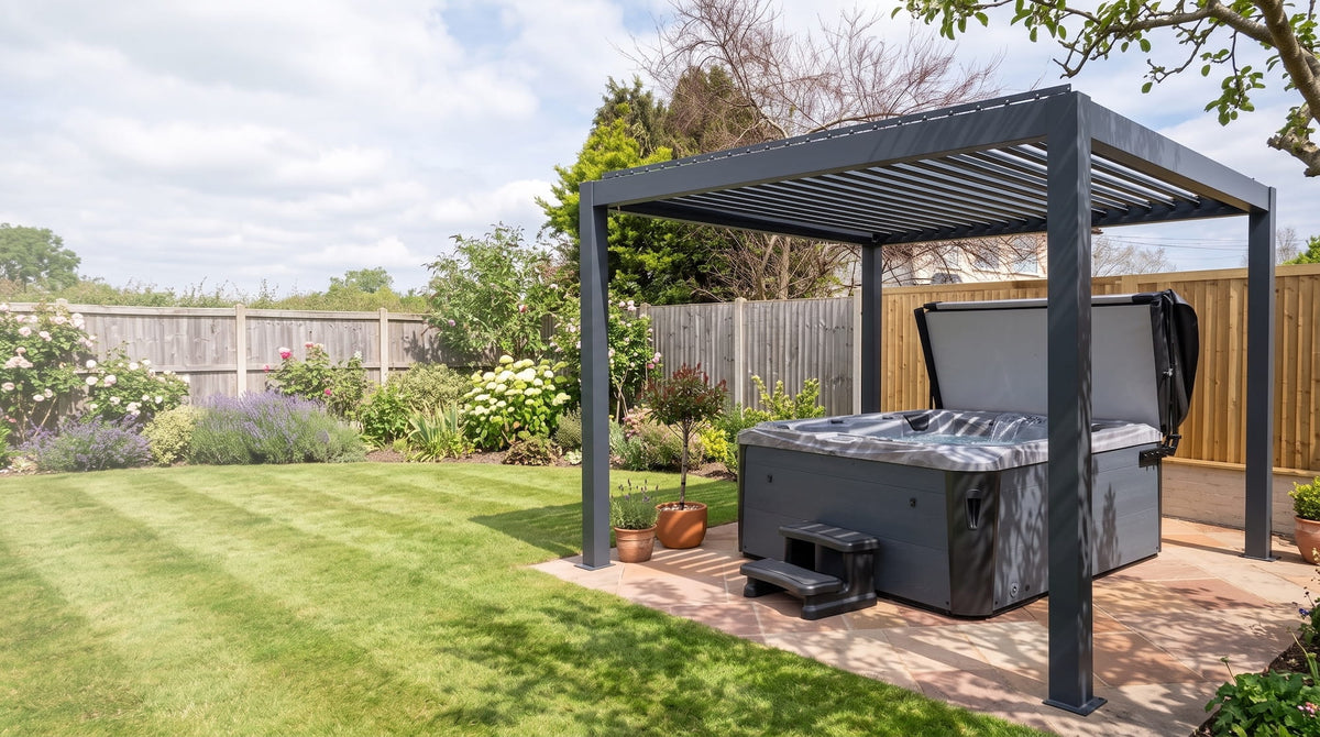 Hot tub under a pergola in a sunny garden