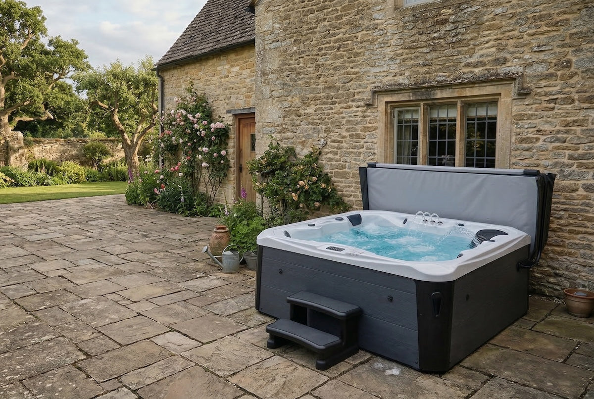hot tub with lounger seats on patio