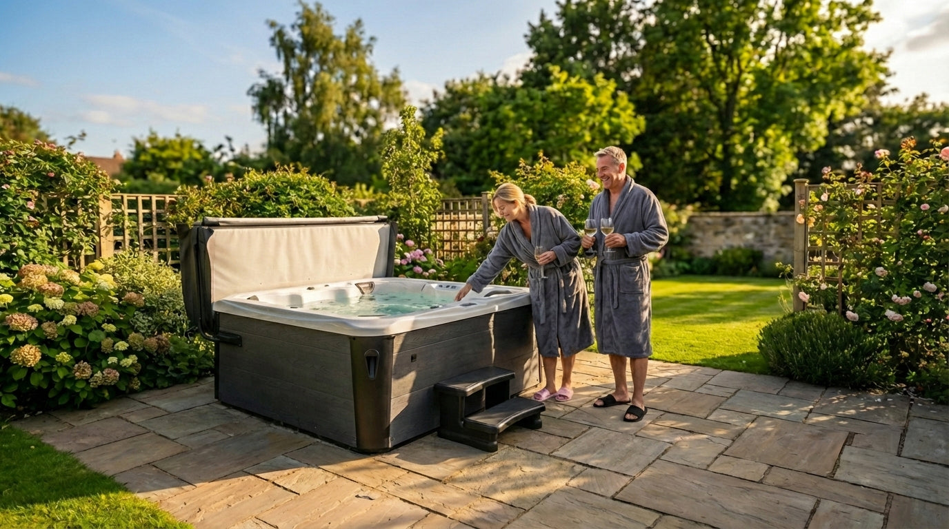 Two people in bathrobes standing next to a hot tub in a garden.