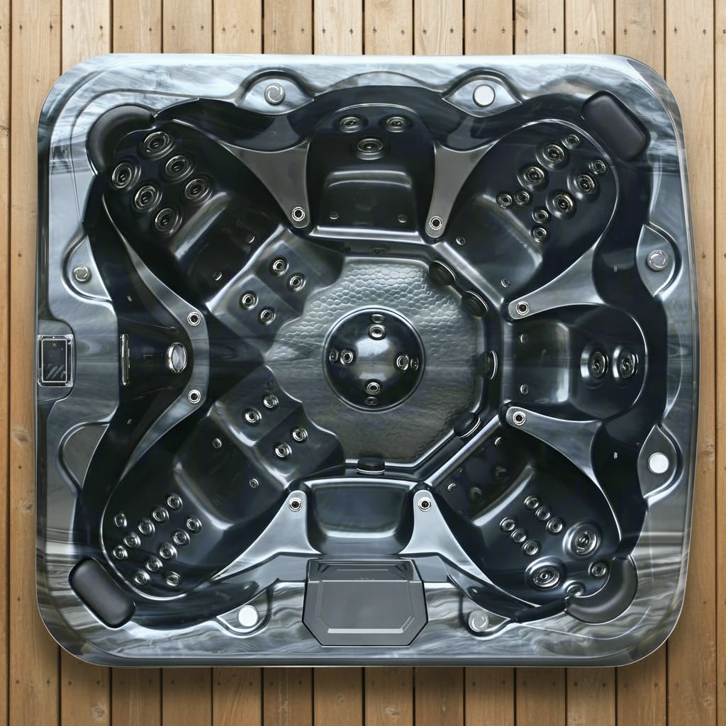 Top view of a hot tub shell on a wooden floor