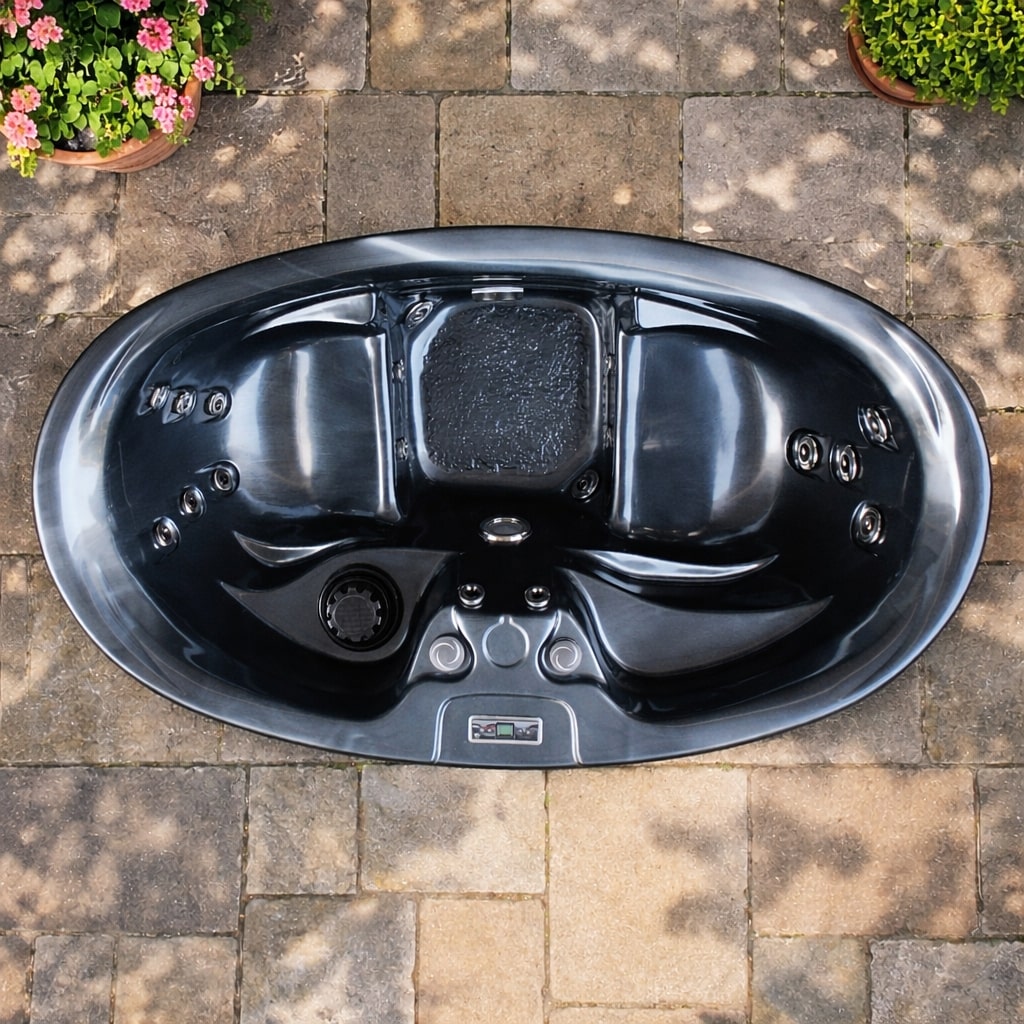 Black hot tub on a stone patio with plants around