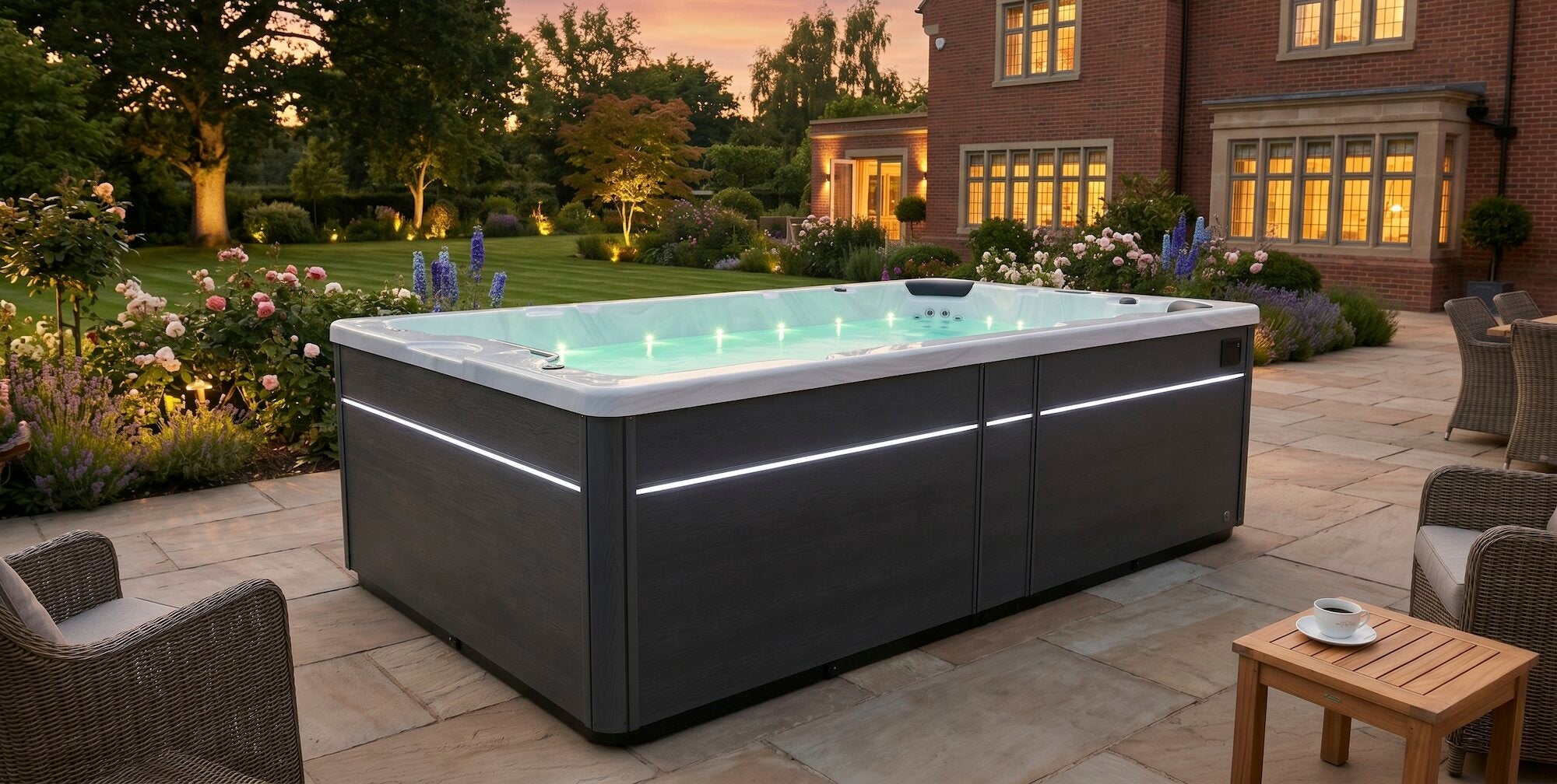 Nova swim spa on a patio at dusk