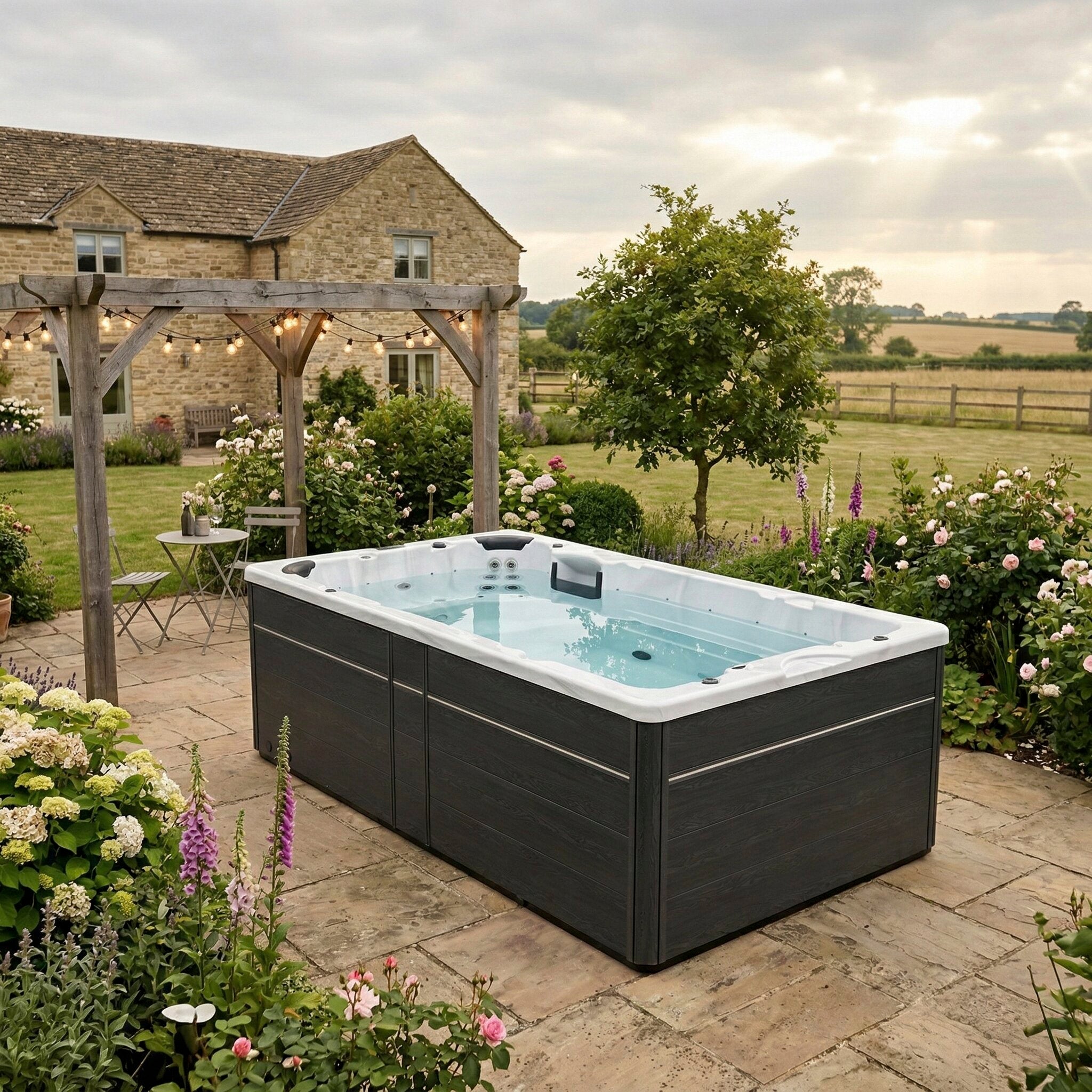Swim spa in a garden setting with a house and trees in the background