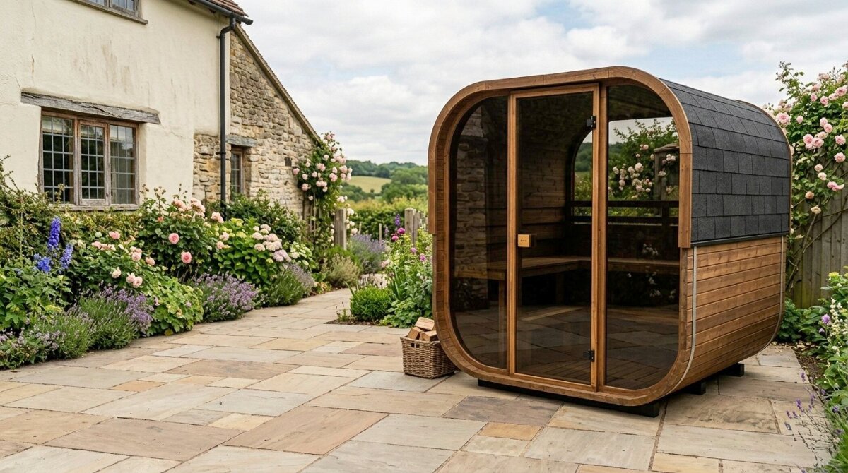 Outdoor sauna on a patio in a garden