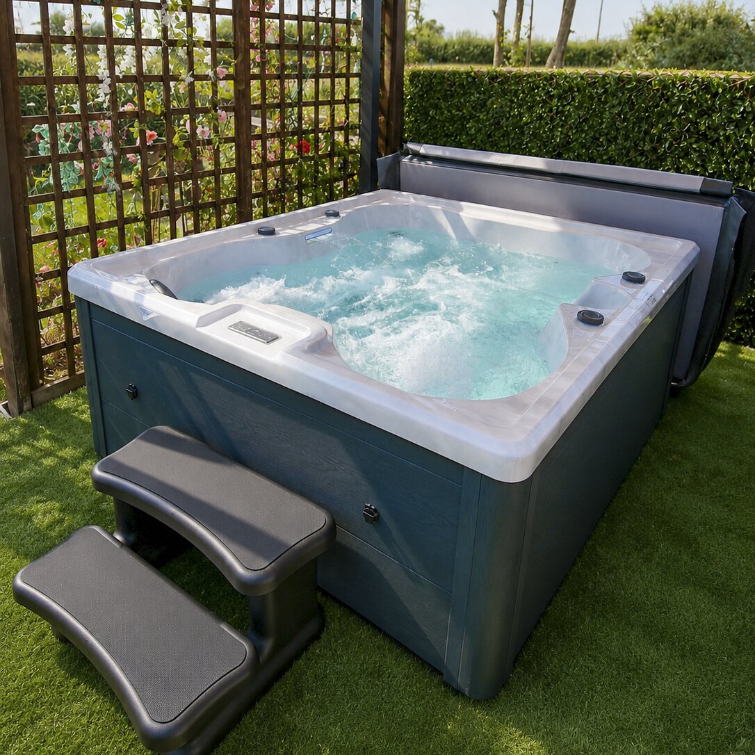 Hot tub with water in a garden setting