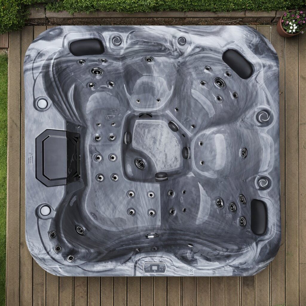Top-down view of a hot tub on a wooden deck