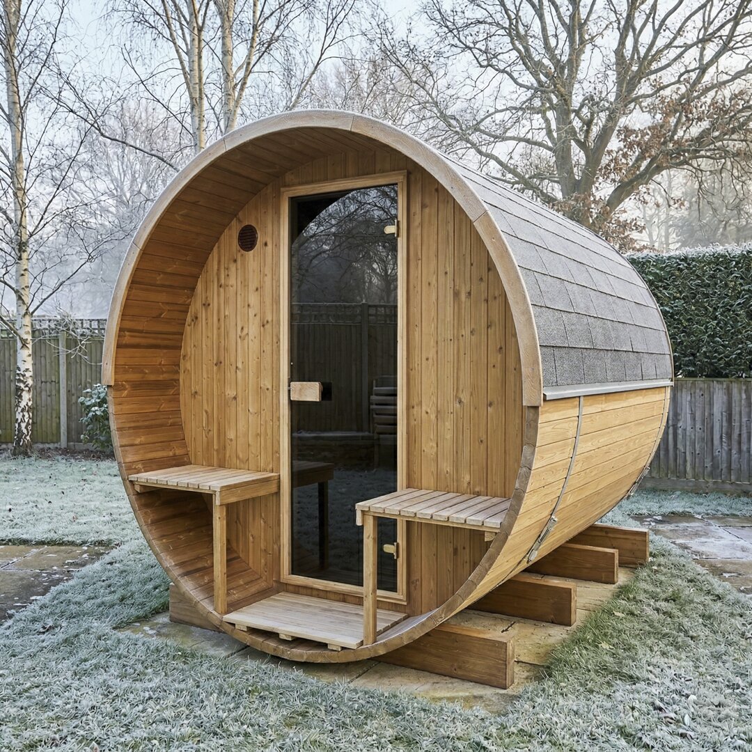 Barrel 250 outdoor sauna in a garden