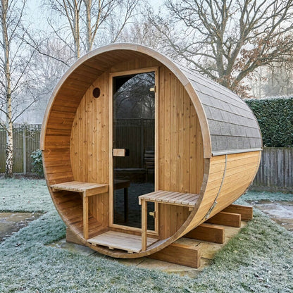 Barrel 250 outdoor sauna in a garden