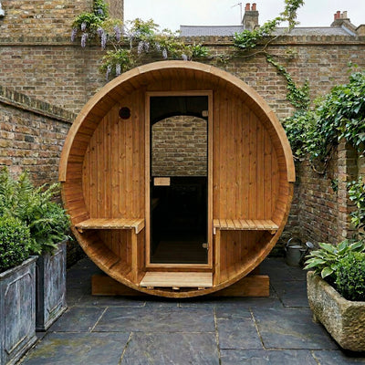 Barrel 210 outdoor sauna in a garden