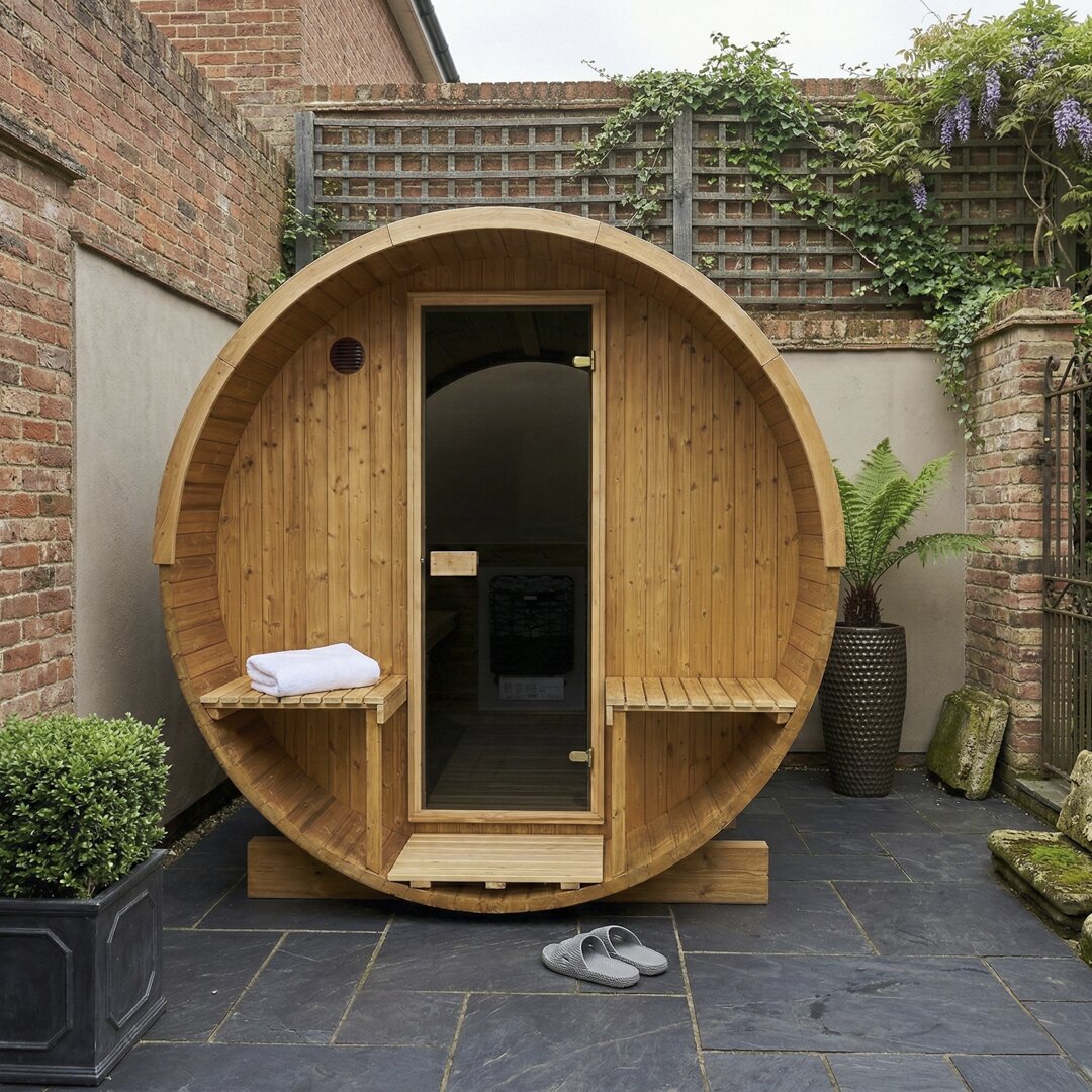 Barrel 250 outdoor sauna in a garden