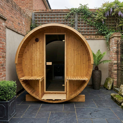 Barrel 210 outdoor sauna in a garden