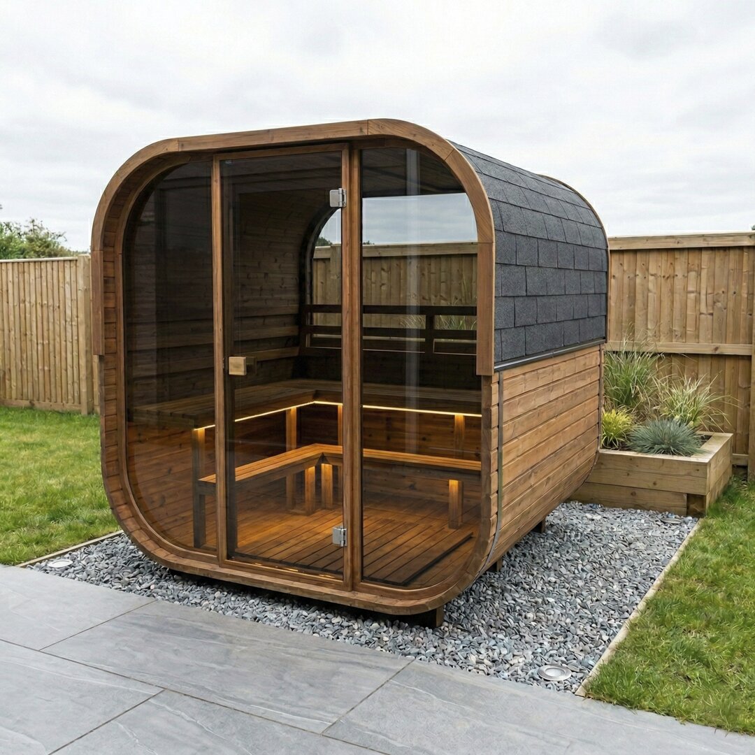 Cube 250 outdoor sauna in a garden