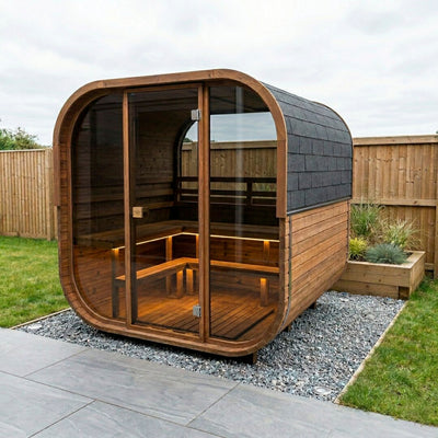 Cube 250 outdoor sauna in a garden
