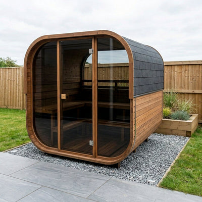 Cube 210 outdoor sauna in a garden