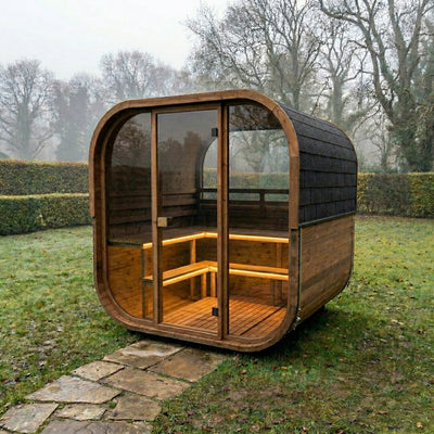 Cube 210 outdoor sauna in a garden