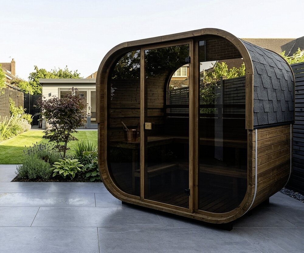 Wooden outdoor sauna for sale with glass panels in a garden setting