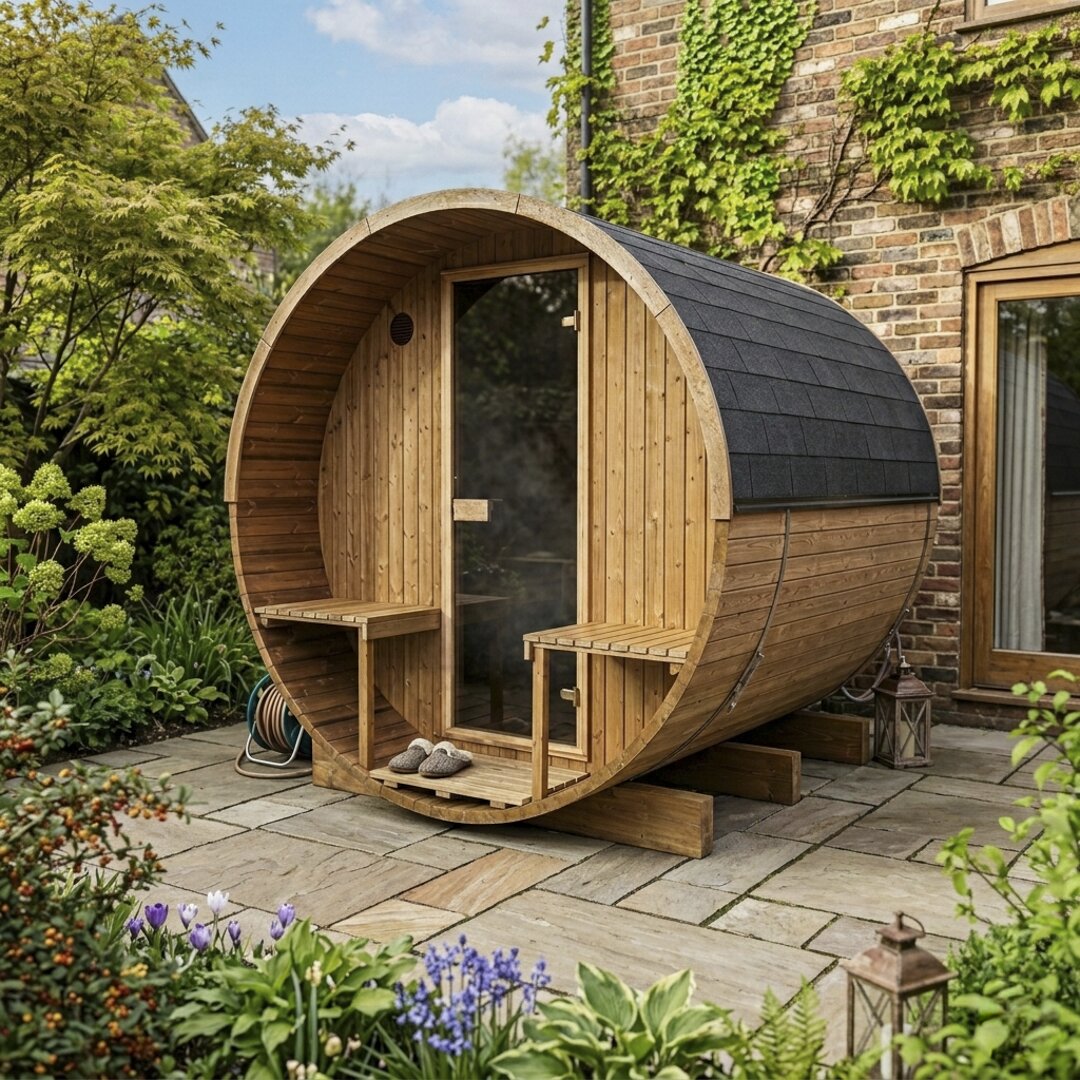 Barrel 250 outdoor sauna in a garden