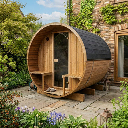 Barrel 250 outdoor sauna in a garden