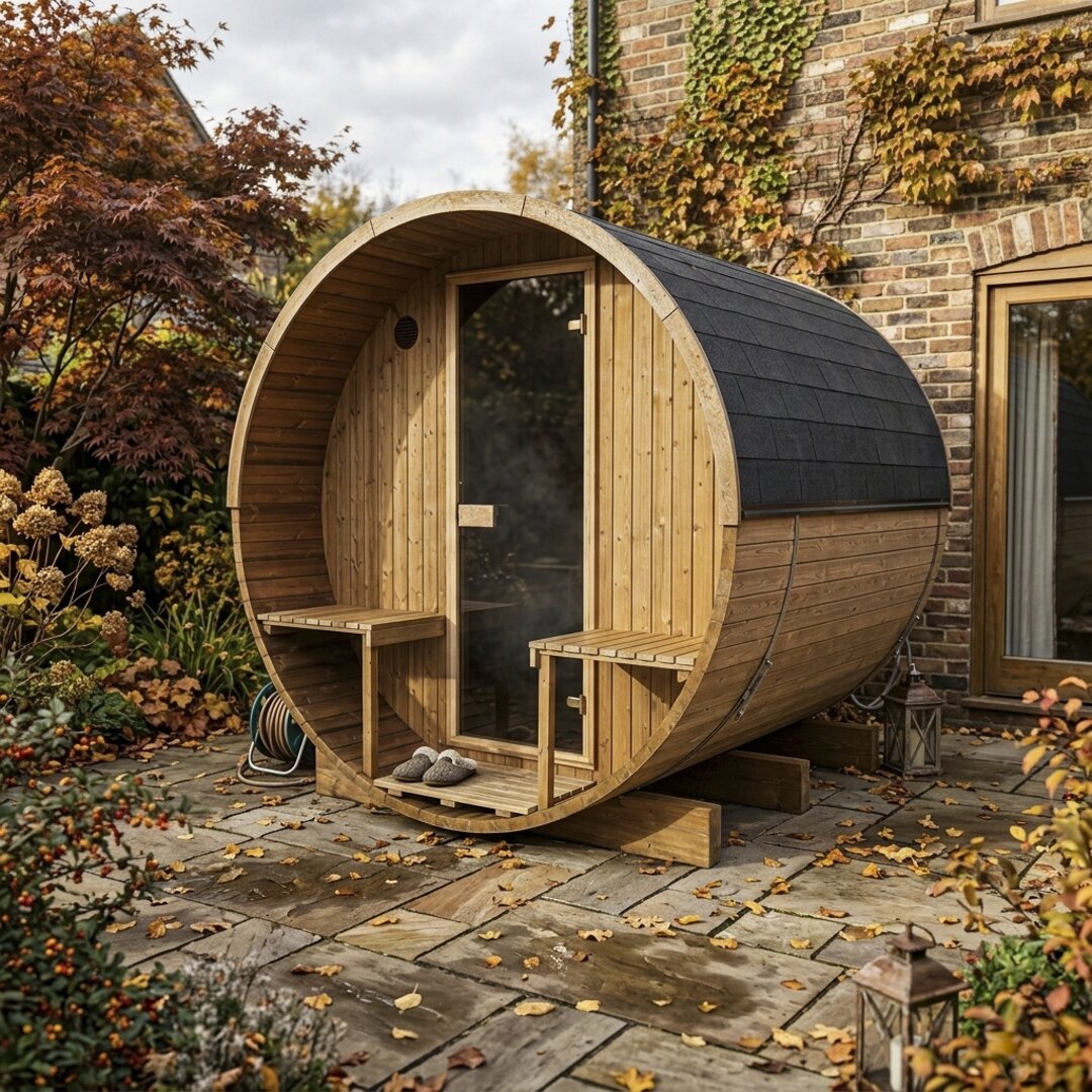 Barrel 250 outdoor sauna in a garden