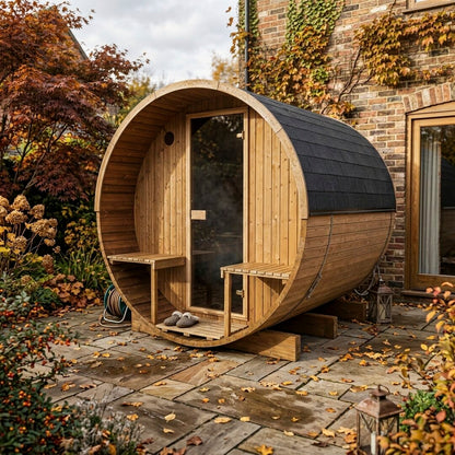 Barrel 250 outdoor sauna in a garden